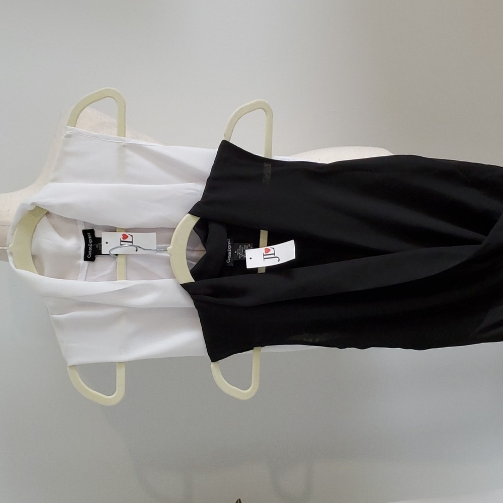 Express Black and White Asymmetrical Blouse Bodysuits, Size Medium